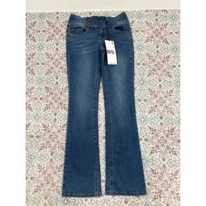 Almost Famous Mid Rise Bootcut Jeans Blue Denim 3 Button Waist Stretch Size 3